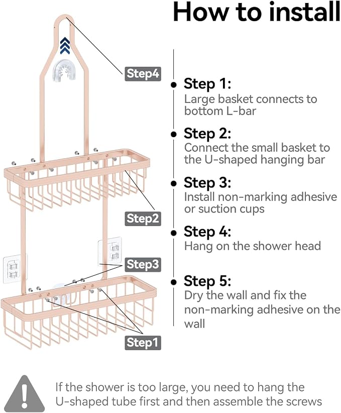 YASONIC Shower Caddy Hanging, Never Rust Shower Organizer Hanging, Aluminum Shower Racks for Inside Shower with Hooks for Razor, Bathroom Organizers and Storage with Soap Holder, Rose Gold - Image 8