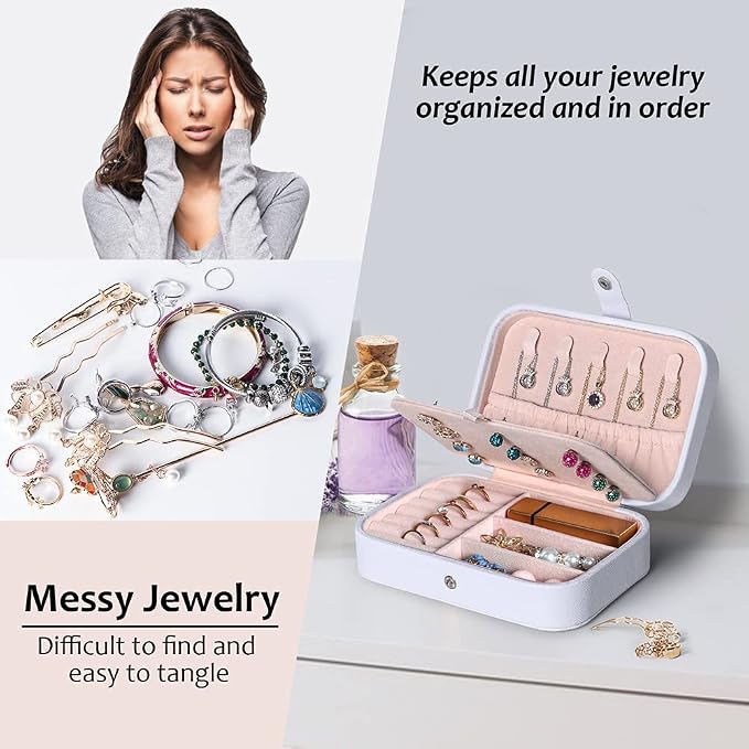 Hatori Travel Jewelry Box, PU Leather Small Jewelry Organizer for Women Girls, Portable Mini Travel Case Display Storage Holder Boxes for Stud Earrings, Rings, Necklaces, Bracelets (White Beige) - Image 7
