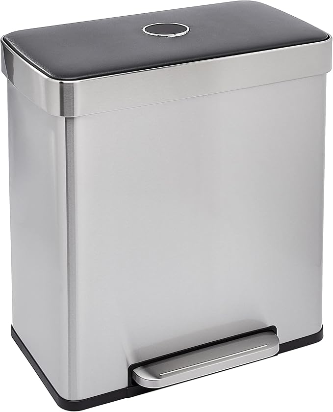 Amazon Basics Dual Compartment Recycling Trash Can with Soft-Close Lid, Fingerprint Resistant, Removable Liner Buckets, 60 Liters, Rectangular, Grey, Silver by AmazonBasics