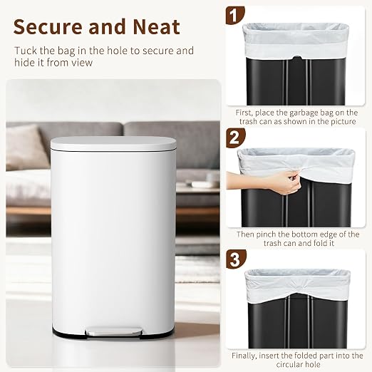 PayLessHere Stainless Steel Trash Can with Lid - Removable Inner Bucket, Foot Pedal Soft Close for Office, Home, Kitchen (White, 13 G) - Image 6