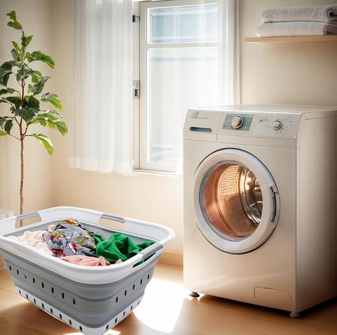 SAMMART 42L (11 gallon) Collapsible Plastic Laundry Basket - Foldable Pop Up Storage Container/Organizer - Space Saving Hamper/Basket (1, White/Grey) - Image 2