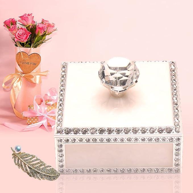 LASODY Diamond Crystal Jewelry Storage Box for Rings Earrings Necklace Treasure Chest Organizer Jewelry Keepsake Gift Box Case for Girl Women (Diamond Square Silver Plater White) - Image 7