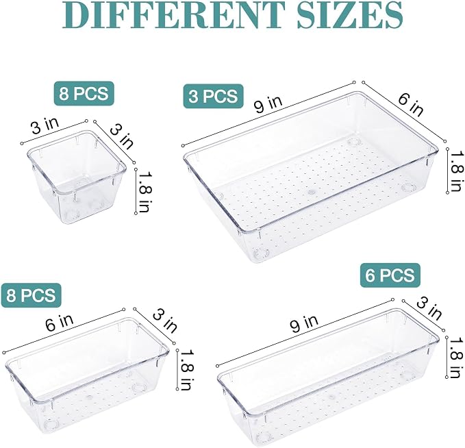 StorMiracle 25 PCS Drawer Organizer Set, 4 Varied Size Bathroom and kitchen Drawer cabinet organizer Trays, Clear Storage Bins for Makeup, Jewelry, Utensils and Gadgets - Image 2