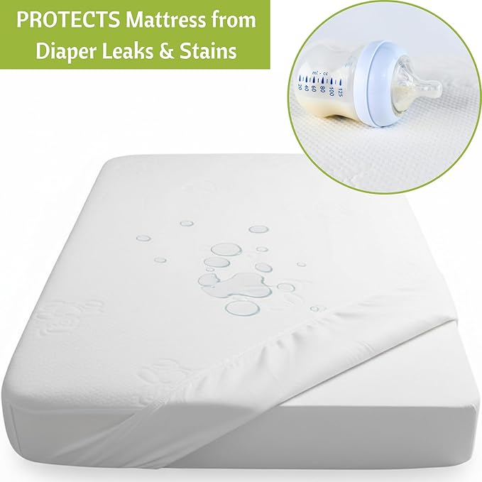 Vesta Baby Crib Mattress Protector - 52” x 28” Noiseless Waterproof Pad Cover - Absorbent Soft Jacquard Bamboo Rayon Fitted Sheet for Infant & Toddler Bed Potty Training