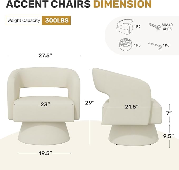 Nebuaegis Swivel Accent Chair Set of 4, Modern Comfy Chenille Barrel Chairs, Oversized Upholstered Round Arm Chair for Living Room, Bedroom, Reading Room, Beige