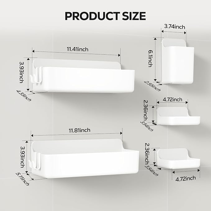 Nieifi Adhesive Wall Shelf, Shower Shelves 5 Pack with Soap Holder, Shower Organizer for Bathroom Organization, White - Image 2