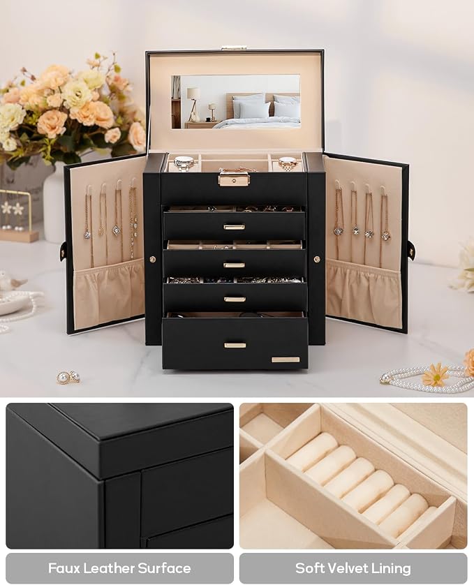 Homde Mothers Day Gifts Synthetic Leather Huge Jewelry Box Mirrored Watch Organizer Necklace Ring Earring Storage Lockable Gift Case (Black + Gold) - Image 6