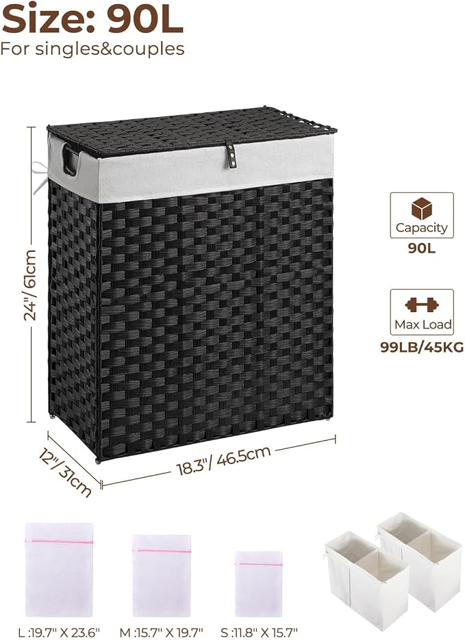 Greenstell Laundry Hamper with 2 Removable Liner Bags, Foldable Divided Clothes Hamper, 90L Handwoven Synthetic Rattan Laundry Basket with Lid and Handles, Easy to Install Black 18.3x13.3x24 Inches - Image 6