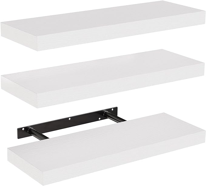 AMADA HOMEFURNISHING Floating Shelves, Wall Shelves for Bathroom/Living Room/Bedroom/Kitchen Decor, White Shelves with Invisible Brackets Set of 3 - AMFS08 by AMADAHOMEFURNISHING