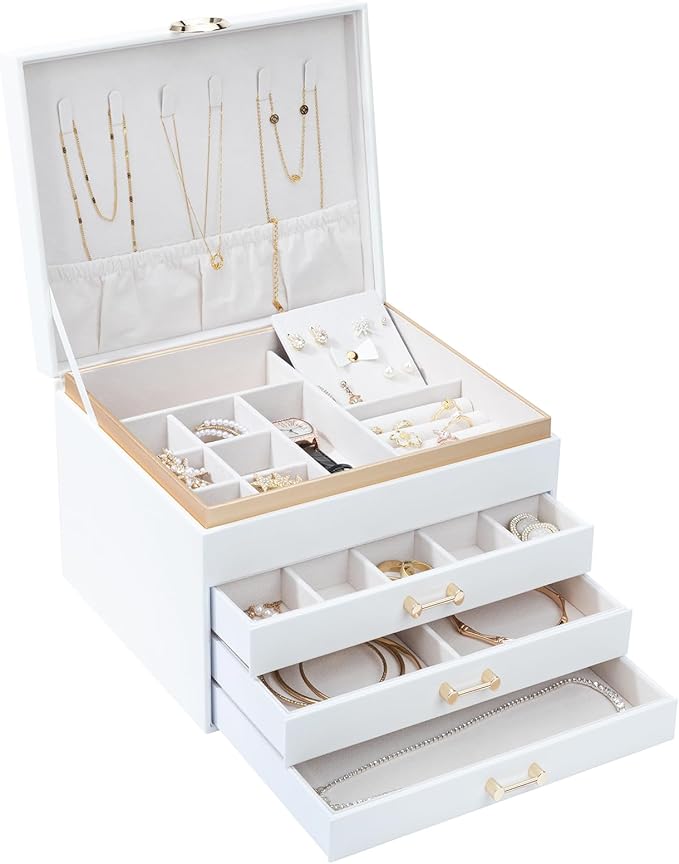 Jewelry Box for Women,4-Layer Leather Jewelry Holder Organizer with 3 Drawers Large Jewelry Storage Boxes, Lots of Storage Space For Ring,Necklace,Bracelets,Earring（White） - Image 9