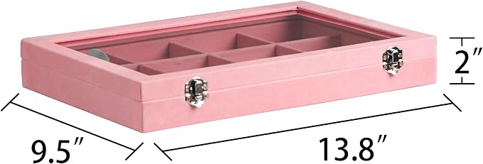 Frebeauty Velvet Jewelry Tray,12 Grid Jewelry Organizer with Clear Lid,Bracelets Holder,Jewelry Display Case with Clasp,Drawer Insert Bangle Brooch,13.8 x 9.5 x 2 Inches,Gift for Women Girls(Pink) - Image 3