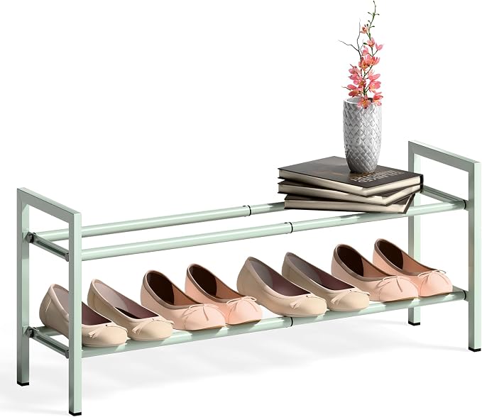 Bumusty 2-Tier Expandable Shoe Rack for Closet, 18“-33” Adjustable Shoe Rack for Small Space, Small Shoe Organizer for Front Door, Sturdy Metal, Green by BUMUSTY