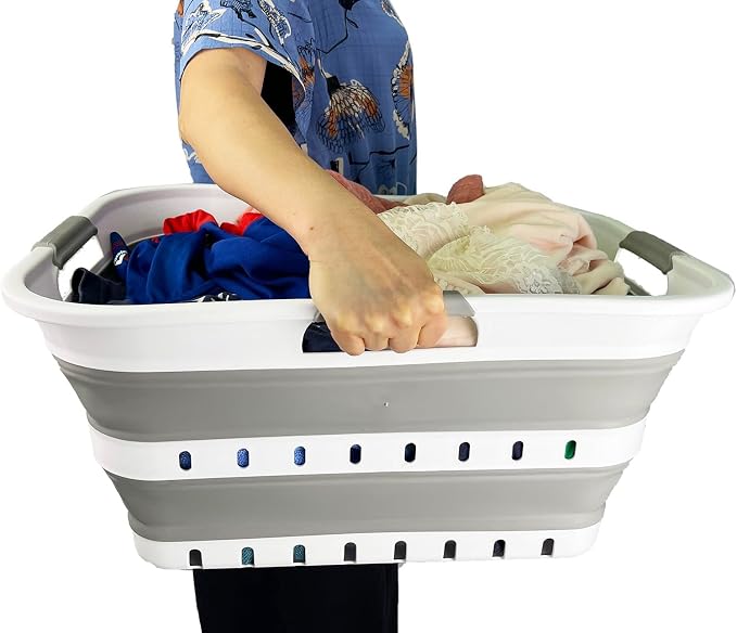 SAMMART 42L (11 gallon) Collapsible Plastic Laundry Basket - Foldable Pop Up Storage Container/Organizer - Space Saving Hamper/Basket (1, Grey/White) - Image 6
