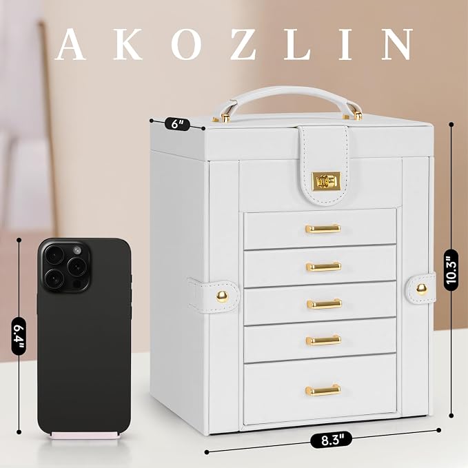 AKOZLIN Functional 6-Tier Jewelry Box Organizer with 5 Drawers Leather Jewelry Storage Case for Women Girls Ring Necklace Earring Bracelet Holder Organizer with Mirror White - Image 3