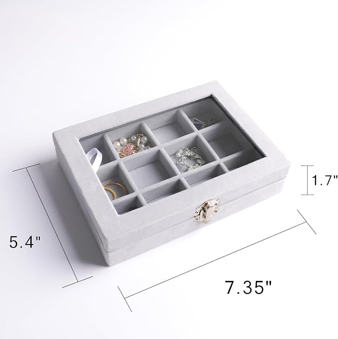 Frebeauty Jewelry Organizer Tray with Clear Lid, 12 Grid Velvet Drawer Insert Storage Box with Transparent Lid Display Case Gift for Women (Grey, 12 Grid) - Image 3