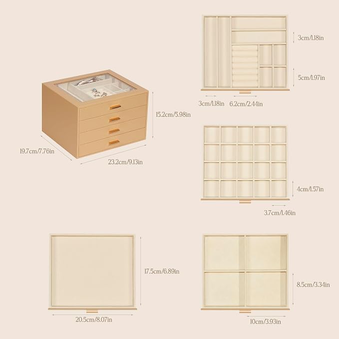 Jewelry Box with Glass Lid, 4-Layer Jewelry Organizer for Women Girls, PU Leather Display Case with 20-Grid Earring Tray & Movable Dividers for Necklaces Rings,Camel - Image 3