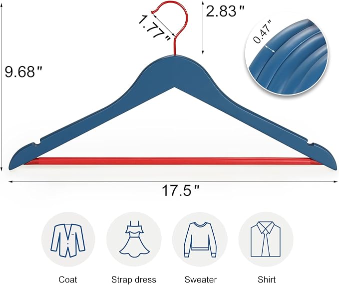 TOPIA HANGER Premium Wooden Hangers with Non-Slip Pant Bar, 360°Swivel Hook and Shoulder Notches, 16 Pack Solid Wood Clothes Hangers for Suit, Coat, Jacket, Camisole(Blue/Red)-CT35BR2 - Image 7