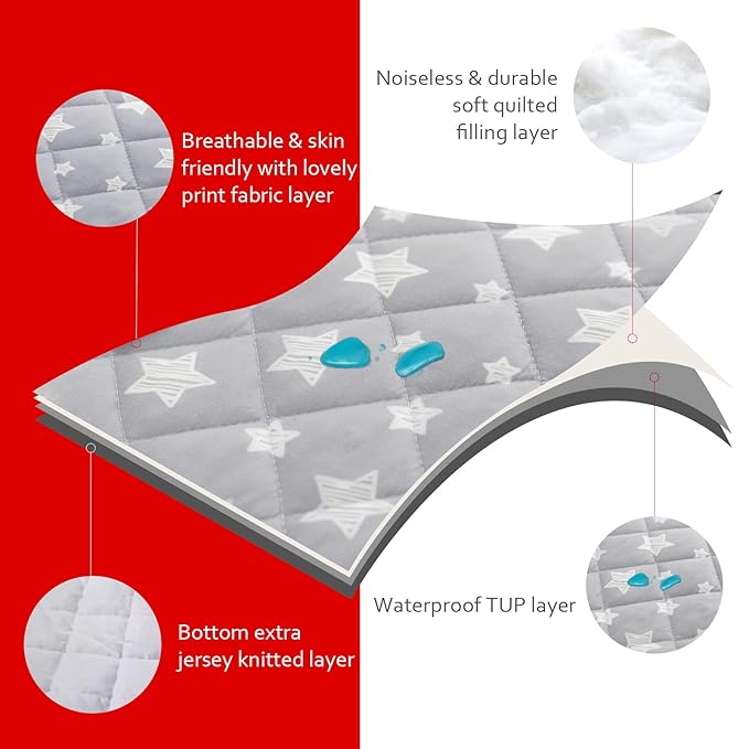 Waterproof Pack and Play Mattress Pad Protector 39" x 27" 2 Pack, Compatible with Graco Pack n Play, Playard Mattress Protector, Grey & White Star
