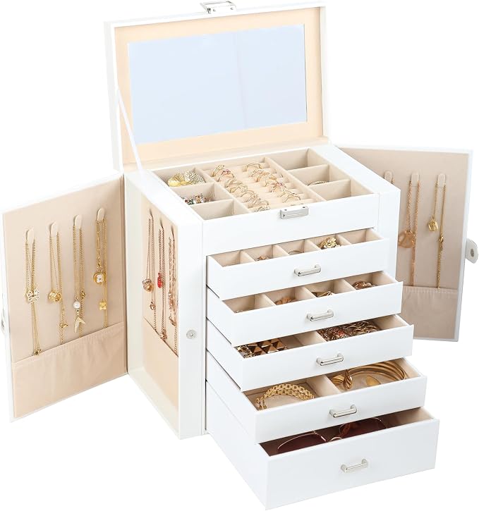 BOOVO Jewelry Box For women, 6 Layer Large Jewelry Organizer With Mirror, Multi-Function Storage Box With Lock, Necklace Holder With 5 Drawers, For Earrings Necklace Bracelet (Silver and White) by BOOVO