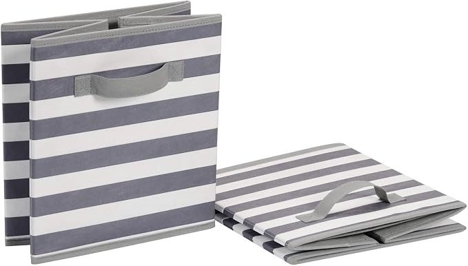 Amazon Basics Collapsible Fabric Storage Bins with Handles, Cube Organizer for Home Organization, 10.5"x10.5"x11", White/Light Grey Stripe, 6-Pack - Image 4