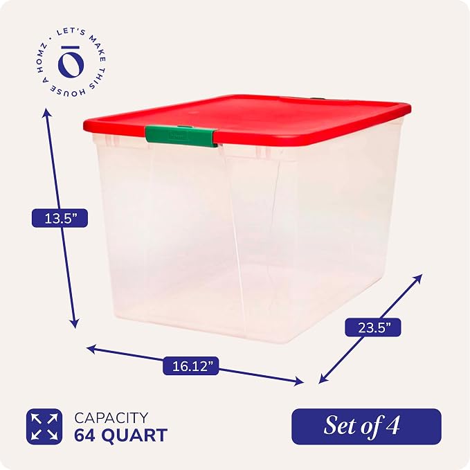 HOMZ 4-Pack Secure Latch, Clear Plastic Storage Organizer Bins, 64 Quart, Red Lid - Stackable Container Boxes for Bedroom, Bathroom, Garage, and Office Organization - Image 4