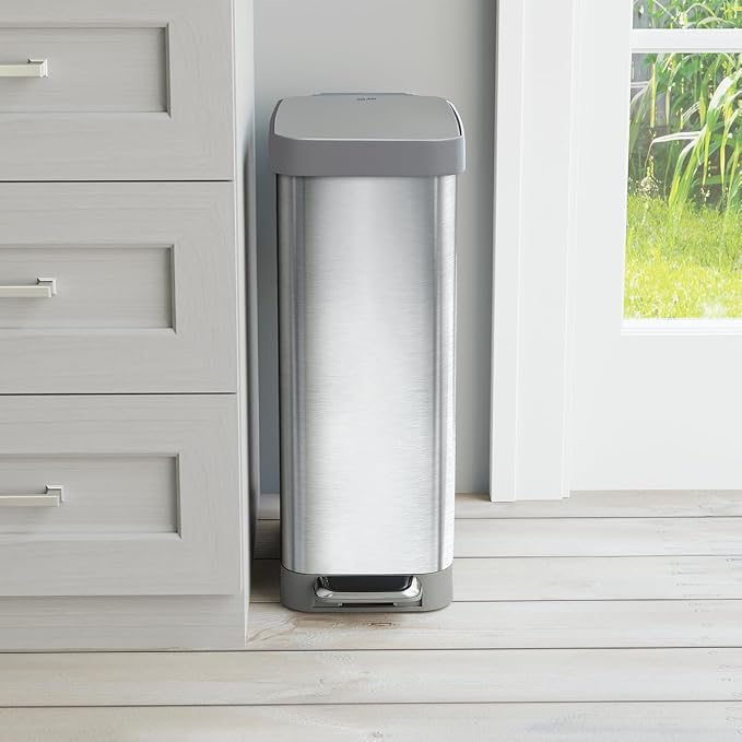 Glad Slim Trash Can with Clorox Odor Protection - Narrow Kitchen Garbage Bin with Soft Close Lid, Step On Foot Pedal and Waste Bag Roll Holder, All Stainless, 12 Gallon/45 Liter - Image 5