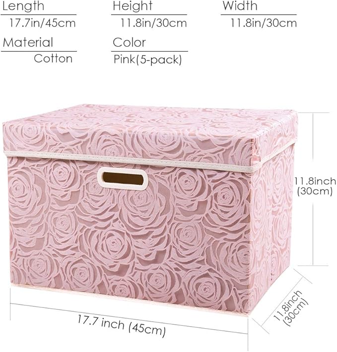 PRANDOM Large Foldable Storage Boxes with Lids [5-Pack] Fabric Decorative Storage Bin Cubes Organizer Containers Baskets with Cover Handles for Bedroom Closet Nursery Pink 17.7x11.8x11.8 Inch - Image 6