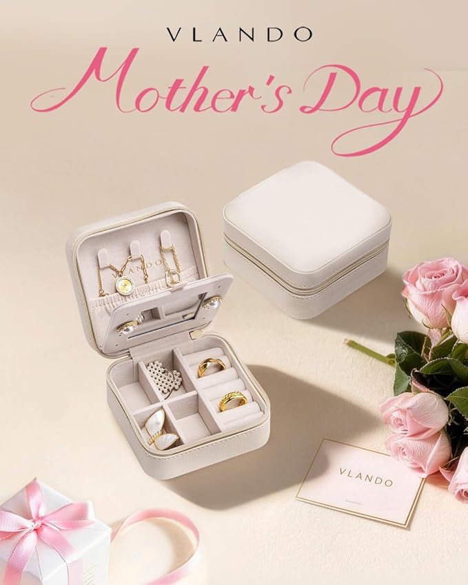 VLANDO Bridesmaid Gifts - Small Travel Jewelry Box Organizer - Wedding Gifts for Girls Women Rings Earrings Necklaces Storage with Mirror - Milky White - Image 2