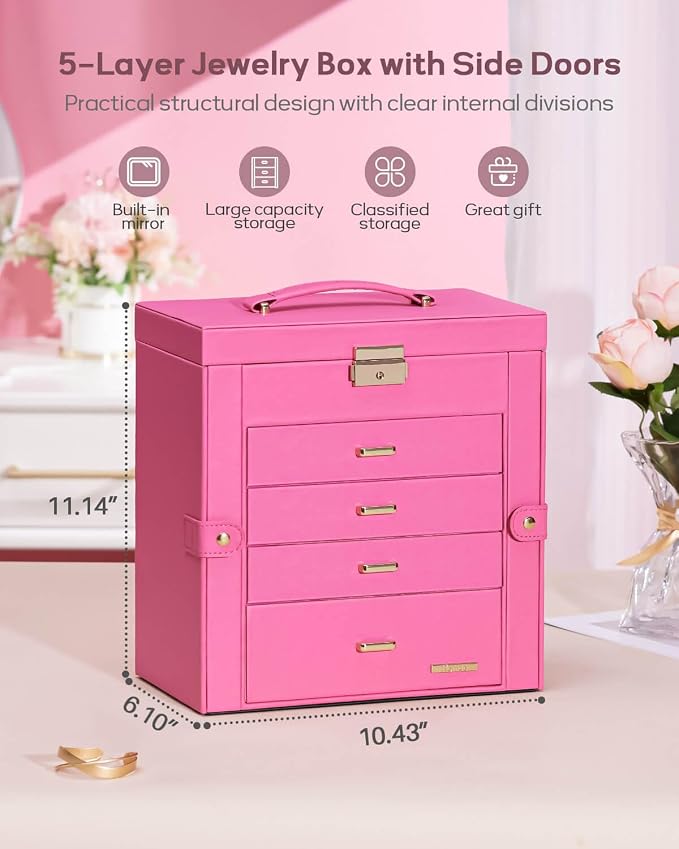 Homde Synthetic Leather Huge Jewelry Box Mirrored Watch Organizer Necklace Ring Earring Storage Lockable Gift Case (Pink + Gold) - Image 2