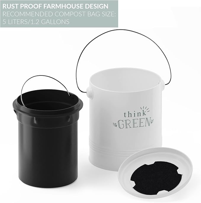 Barnyard Designs Compost Bin for Kitchen Counter - 1.2 Gallon Countertop Composter with Extra Smell-Absorbing Filters and Inner Bucket for Easy Cleaning - Food Waste Bin for Kitchen with Lid (White) - Image 6