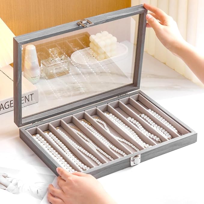 Glass Lid Necklace Organizer Box Transparent Necklace Holder Organizer Velvet Necklace Display Box Clear Lid Jewelry Storage Stackable Necklace Display Case for Women Girls (Grey) by MIOINEY