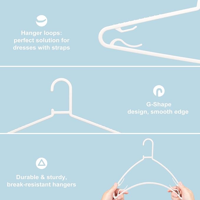 Plastic White Hangers 50 Pack, Light Weight Durable Clothes Hangers G-Shape Hangers Standard Size Ideal for Tank T-Shirts Dresses Jackets Suits Blouses Ties Leggings - Image 3