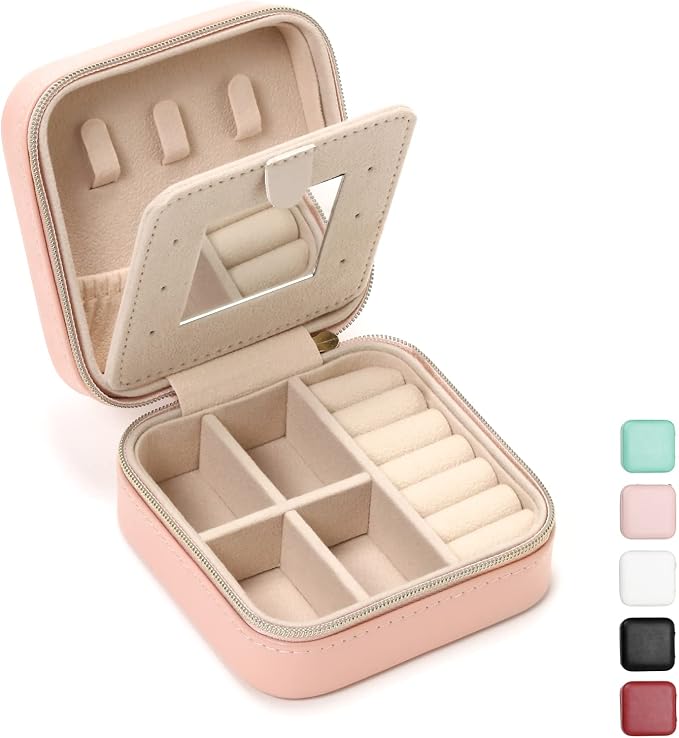 Jewelry Case with Mirror, Small Travel Jewelry Organizer, Portable Mini Storage Box for Rings, Earrings, Necklaces, Gift for Mother Mom, Girl, Daughter, Sisters, Bridesmaids, Mother's Day Gift (Pink) by TRODANCE