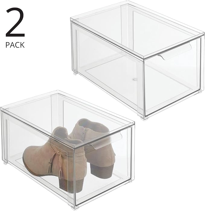 mDesign Plastic Closet Organizer Bin w/Pull Out Drawer - Stackable Storage for Closet - Organization for Shoes, Clothes, Bags, Totes, Small Linens, and More - Lumiere Collection - 2 Pack - Clear - Image 2