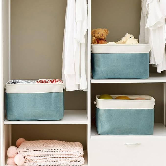 TheWarmHome Organization and Storage basket for Organizing - 3 Pack 16x12x12 inch Cube Storage Bin for Shelves, Fabric Storage Cubes for Organizer Cloth Closet Toy Box (White & Green) - Image 2