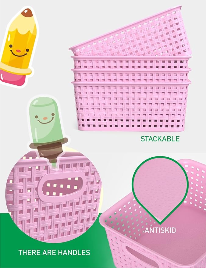 WYT 6-Pack Plastic Small Shelf Storage Weave Baskets Organizing for Cabinets and Pantries, Lavender Purple - Image 3