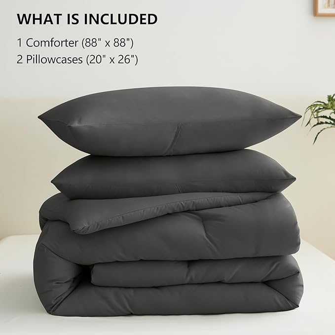 CozyLux Queen Comforter Set Dark Grey, 3 Pieces Solid Comforters Queen Size Breathable Quilted Bedding Sets, Dark Gray Luxury Soft Lightweight Bed Set with Down Alternative Comforter and 2 Pillowcases