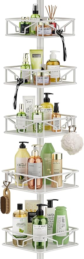 Skycarper 5 Tier Adjustable Corner Shower Caddy Organizer with Hooks,Rustproof Tension Pole 62-116 Inch,White by Skycarper