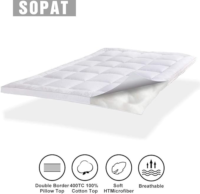 SOPAT Extra Thick Mattress Topper Full 400TC Cotton Pillow Top Breathable Mattress Pad Protector with 8-22" Deep Pocket Soft Down Alternative Fill Mattress Cover (54x75 Inches, White)