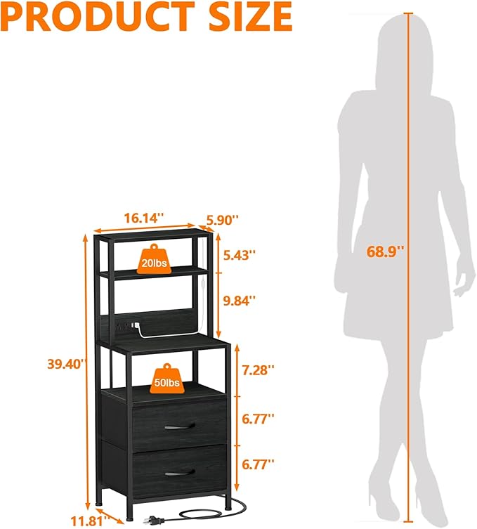 Furnulem Nightstands Set of 2, Tall Night Stand Set with Charger Station, 2 Fabric Drawers and Light Tube, Bedside End Table with 4-Tier Shelves, Bed Side Tables for Bedroom, Office, Black Oak