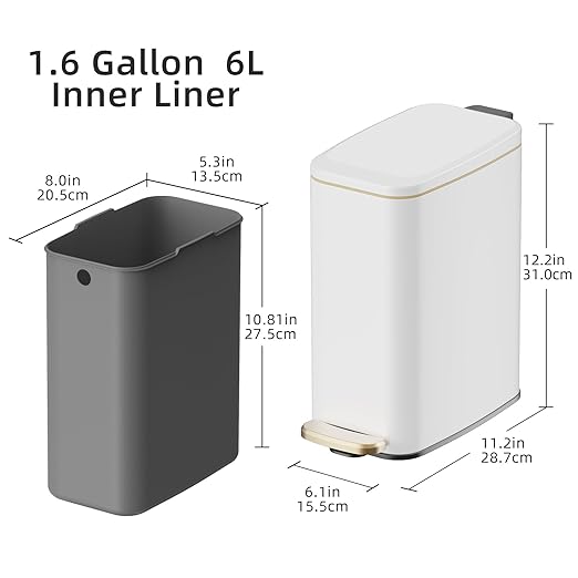 KUK Slim Bathroom Trash Can with Lid, 1.6 Gal / 6L Stainless Steel Small Garbage Bin with Detachable Inner Bucket, Step Pedal, Silent Close, Wastebasket for Toilet, Bedroom, Home, Office (White) - Image 6
