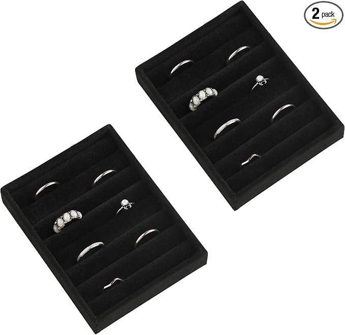 Frebeauty Small Jewelry Tray Set,Velvet Ring Organizer,Stackable Jewelry Organizer Tray,Mini Jewelry Drawer Organizer,4.92 x 3.74 x 0.9 Inches,7 Slots Ring Tray for Women (Set 2,Black) by Frebeauty