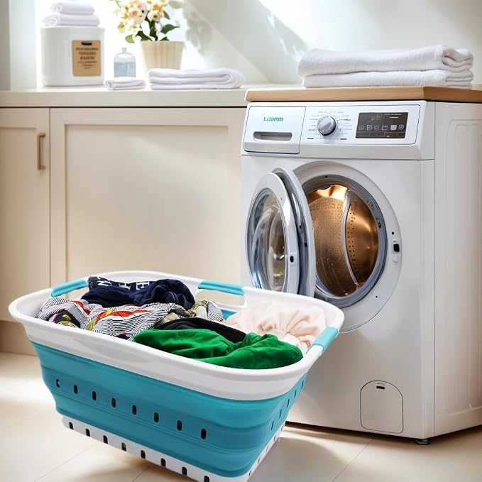 SAMMART 42L Collapsible Plastic Laundry Basket - Foldable Pop Up Storage Container/Organizer - Space Saving Hamper/Basket (1, White/Bright Blue) - Image 5