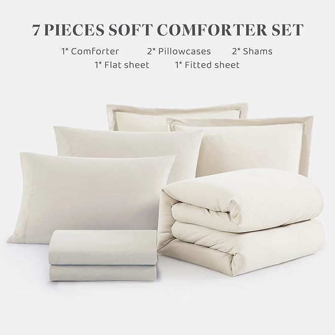 WRENSONGE Full Size Comforter Set- 7 Pieces White Bed in a Bag Full Size Comforter with Fitted Sheet, Flat Sheet, 2 Pillow Shams, 2 Pillowcases, Warm Bedding Sets for All Season