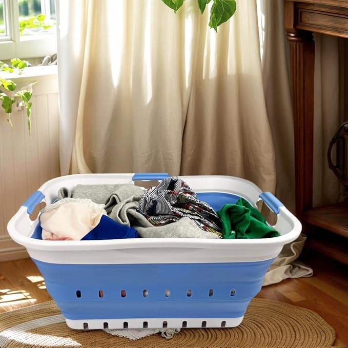 SAMMART 42L (11 gallon) Collapsible Plastic Laundry Basket - Foldable Pop Up Storage Container/Organizer - Space Saving Hamper/Basket (1, White/Little Boy Blue) - Image 3