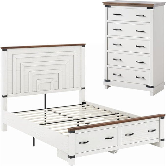 AMERLIFE 2 Pieces Farmhouse Bedroom Set, Includes Wood Rustic Queen Size Bed Frame with 54" Tall Headboard, 48" Tall 5 Drawers Dresser Chest, Heavy Duty Thick Plank Styling, Antique White