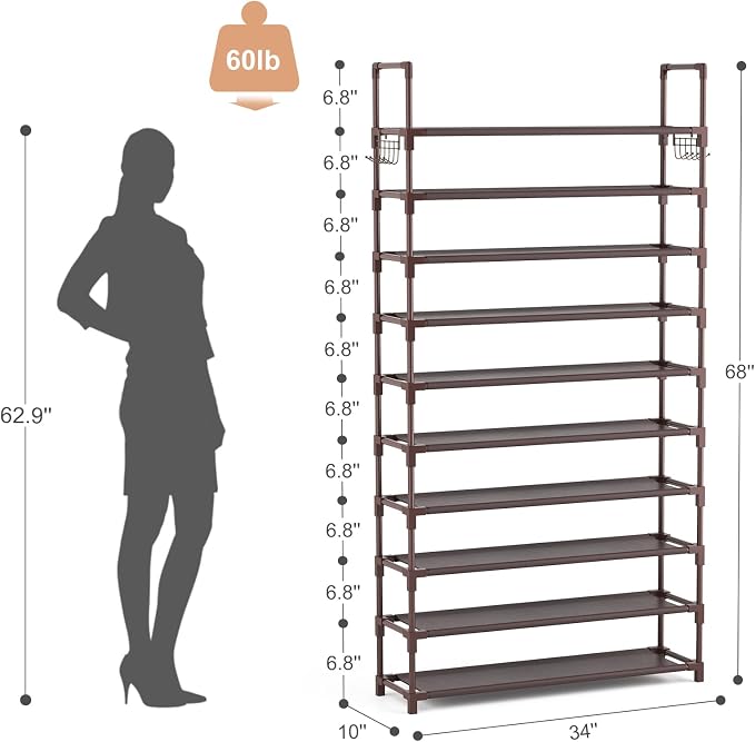 VTRIN 10 Tiers Shoe Rack Tall Large Capacity Wide Shoe Organizer Sturdy Shoe Shelf for Entryway with Two Hooks Metal Shoe Storage for Closet, Bedroom, Brown - Image 3