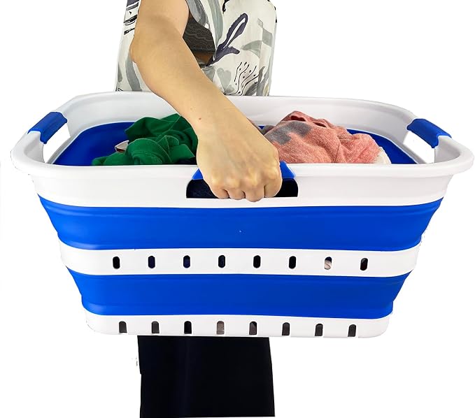 SAMMART 42L (11 gallon) Collapsible Plastic Laundry Basket - Foldable Pop Up Storage Container/Organizer - Space Saving Hamper/Basket (1, White/Dark Blue) - Image 7