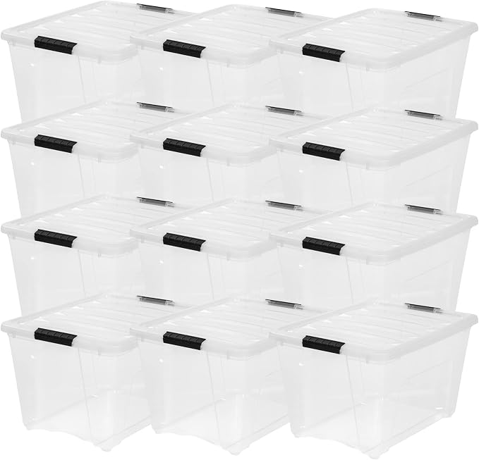 IRIS USA 54 Qt Stackable Plastic Storage Bins with Lids, 12 Pack - BPA-Free, Made in USA - See-Through Organizing Solution, Latches, Durable Nestable Containers, Secure Pull Handle - Clear by IRISUSA