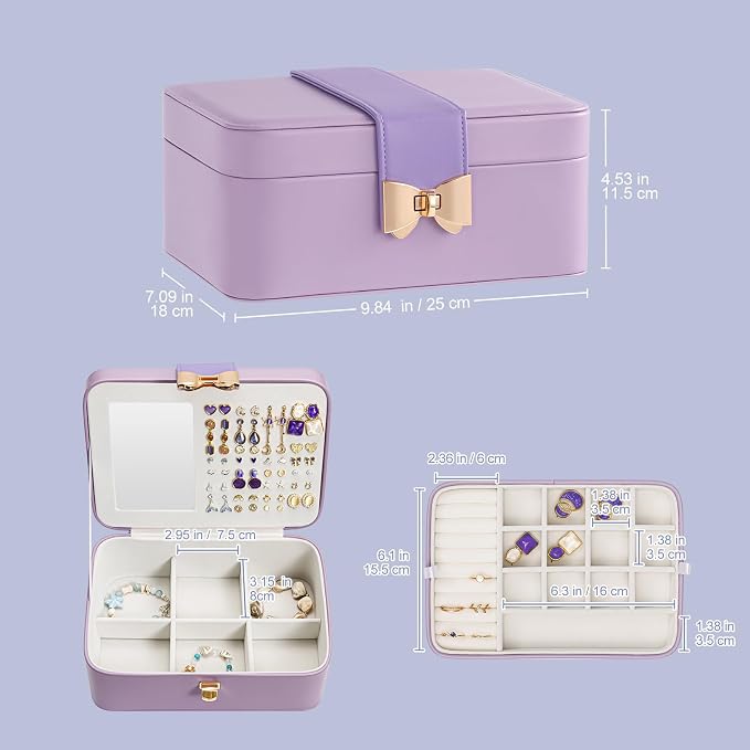 Lolalet 2 Layer Jewelry Box for Teen Girls & Young Women, Jewelry Organizer Case with Bow Clasp and Mirror for Earrings Rings Necklaces Storage, Gift Idea -Purple - Image 3